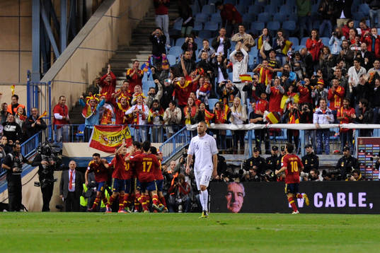 Celebrating Spain's 1-0 at the Vicente Calderon stadium in