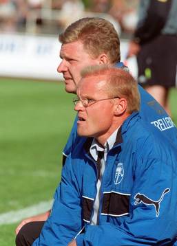 Alf Westerberg, tränare Trelleborg och Jonas Brorsson,