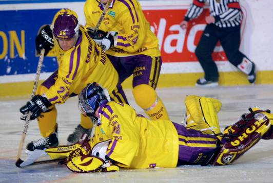 Greger Artursson och Magnus Eriksson, målvakt Färjestad