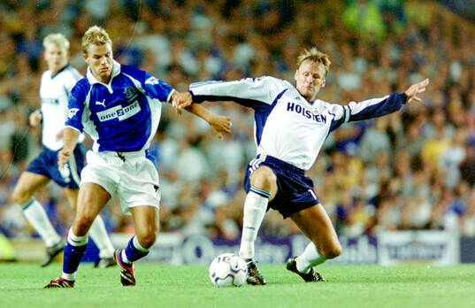 Evertons Niclas Alexandersson against Spurs Teddy Sheringham