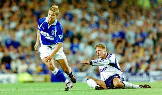 Evertons Niclas Alexandersson against Spurs Teddy Sheringham