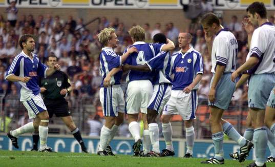 Fotboll, Anderlecht - Halmstad. Tommy Jönsson, jubel