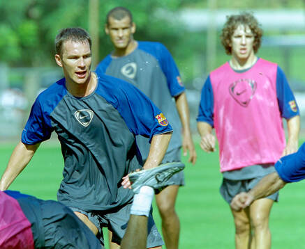 Patrik Andersson of Barcelona. In background Rivaldo and
