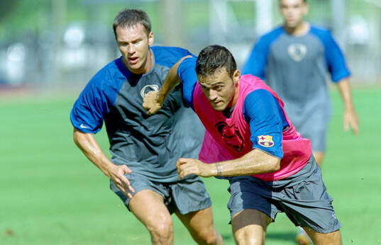 Patrik Andersson and Luis Enrique of Barcelona