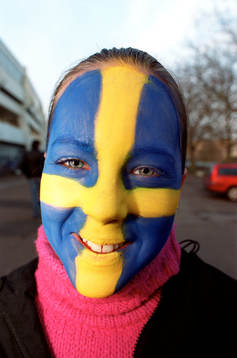 fotboll, Sverige, supporter, svenska flaggan, tjejer