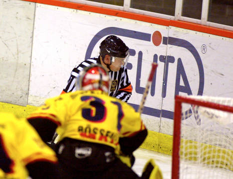 Domaren Morgan Johansson träffades an en puck
