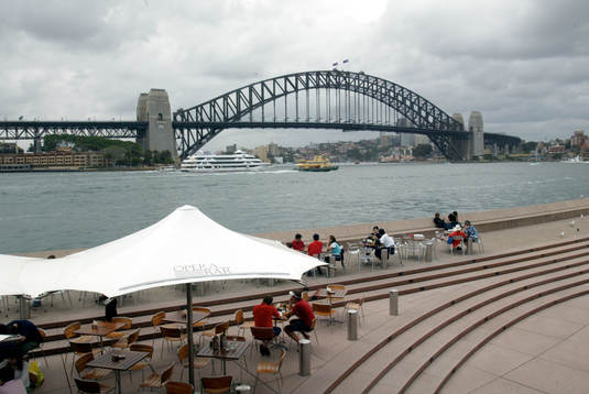 Australien, Sydney. Harbour Bridge. Café, uteservering