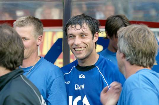 Igor Sypniewski, Halmstad, jubel. Två mål idag, ny ledare