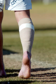 Fotboll, ben, skada, bandage, fot, vad