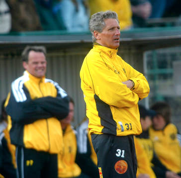 Sören Cratz, tränare, Mjällby, och Peter Persson,