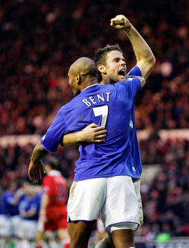 James Beattie jubel med Tim Cahill, Everton och Marcus Bent