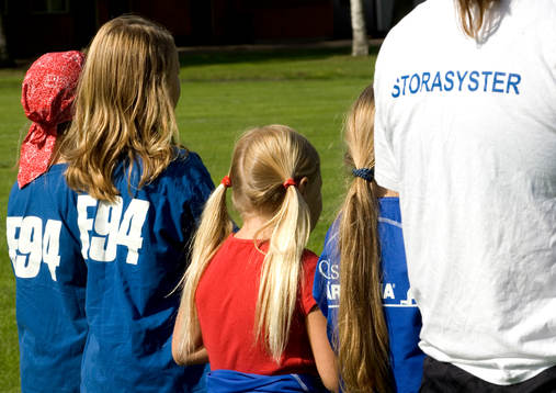 Tjejer, flickor tränar gemensamt. Handslaget. Storasyster