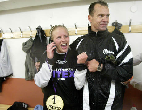Jitex spelare firar. Jubel, glädje. Klara för allsvenskan