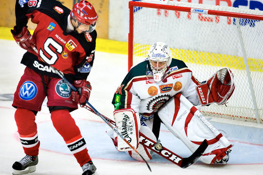 Tommy Salo, målvakt Frölunda täcker upp målet