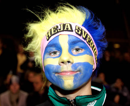 Supporter, fan, ansiktsmålning, blå, gul