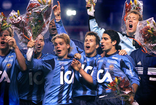 Johan Arneng, Tobias Hysén och Abgar Barsom firar
