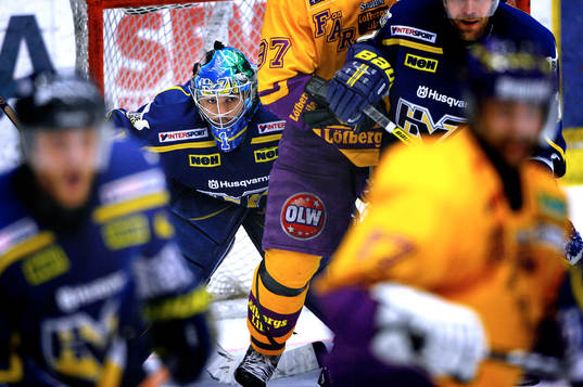 Stefan Liv, målvakt HV71 försöker hitta pucken