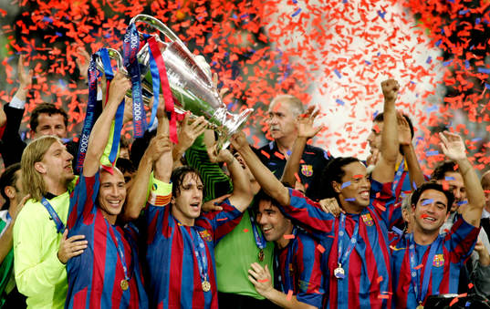 Henrik Larsson, Carles Puyol, Deco, Ronaldinho, jubel med