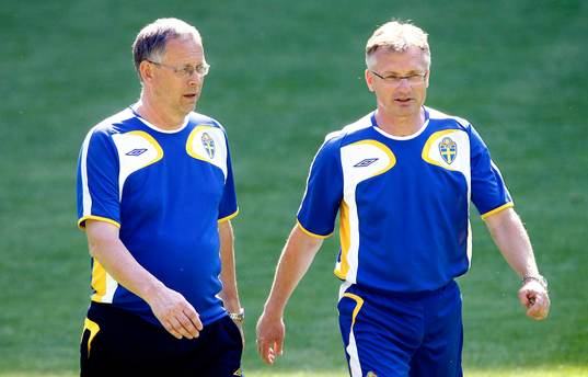 Lars Lagerbäck, förbundskapten och Roland Andersson på