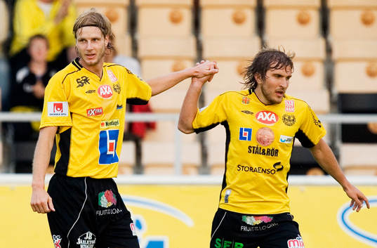 Målskyttarna Simon Sjöfors och Johan Svensson, Mjällby