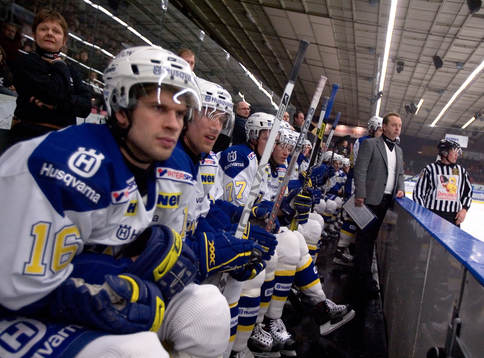 Per Mårts, tränare, HV71och hans avbytare på bänken,