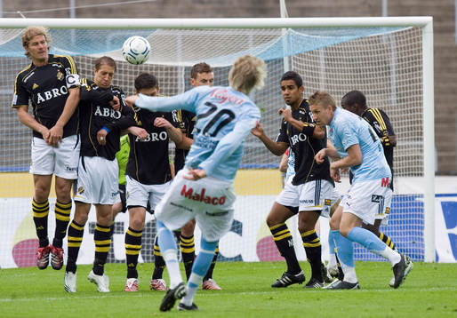 Ola Toivonen skjuter frispark, AIK-muren hukar sig