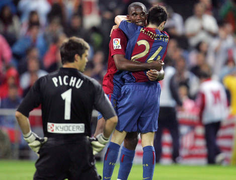 Samuel Eto'o och Andres Iniesta, Barcelona. Glädje. Lycka.