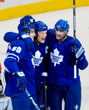 Nik Antropov, Mats Sundin, Andy Wozniewski, jubel