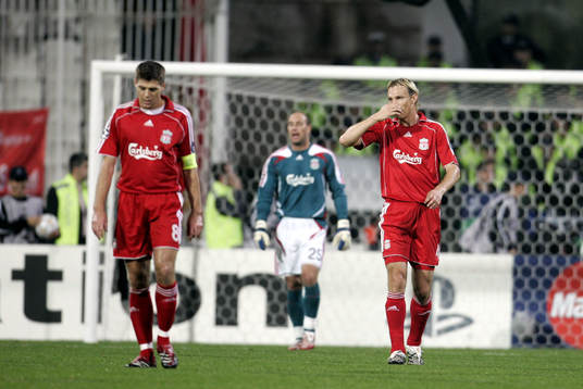 Steven Gerrard och Sami Hyypia, Liverpool, depp