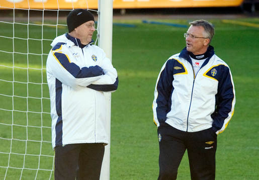 Lars Lagerbäck, förbundskapten och Roland Andersson, ass