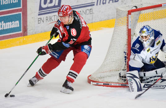 Linus Videll, Södertälje, och Stefan Liv, målvakt, HV71