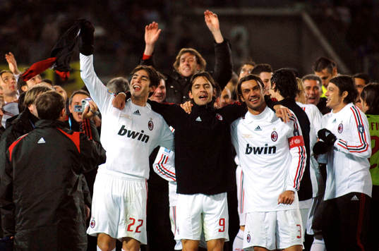 KAKA, INZAGHI och MALDINI, jubel, Milan