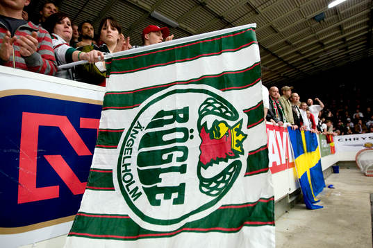 Rögle supporters, flagga, Malmö Isstadion