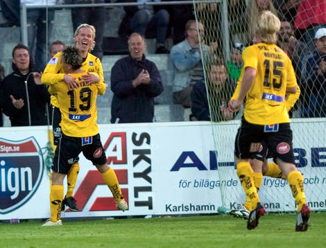 Erton Fejzulahu och Jörgen Nilsson, Mjällby, jubel