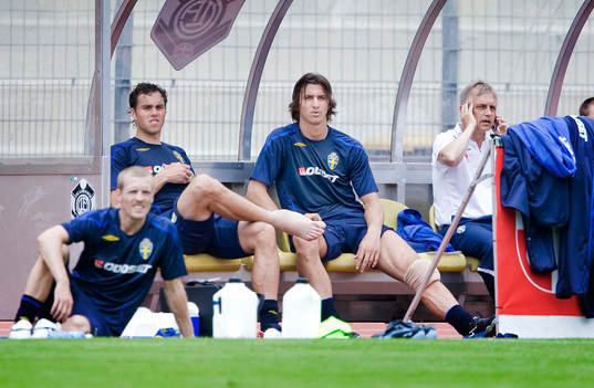 Johan Elmander och Zlatan Ibrahimovic på bänken med
