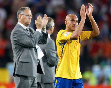 Lars Lagerbäck, tränare och Henrik Larsson, Sverige,
