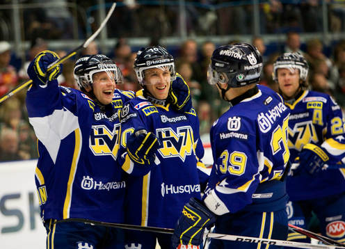 HV71 jubel , Johan Davidsson, Martin Thörnberg och Jukka