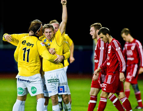 Joel Johansson, Falkenberg,  kvitterar till 1-1. Jubel.