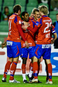 René Makondele, gör 1-0. Jubel Helsingborg