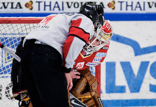 Mattias Modig, målvakt, Luleå, lugnas ned av Patrik