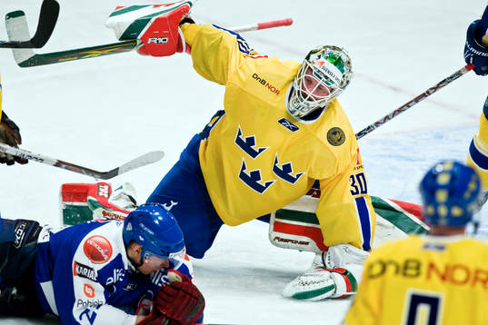 Johan Holmqvist, målvakt, Sverige och Riku Hahl, Finland