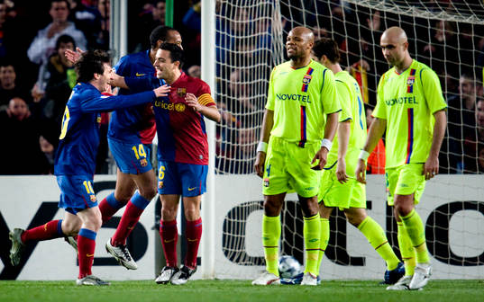 Lionel Messi, Xavi, Barcelona jubel, Lyon depp