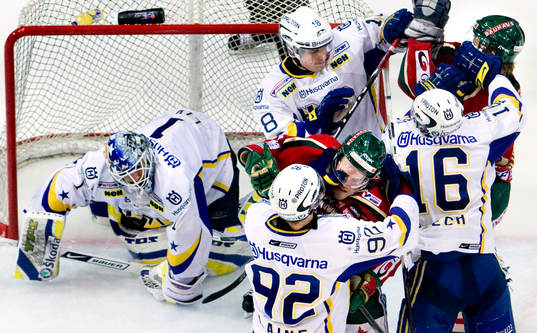 Slagsmål framför Stefan Liv, målvakt, HV71