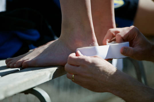 Bandage, tejp, fot, häl, skavsår