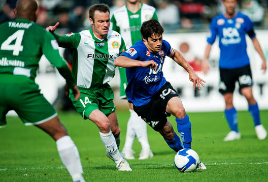 Mikkel Jensen, Hammarby, kan inte stoppa Michael Görlitz,