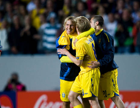 Pierre Bengtsson, Andreas Landgren och Emir Bajrami, jubel,