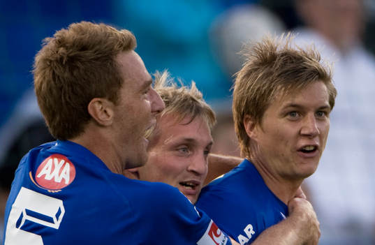 Mikael Bengtsson, Fredrik Jensen och Andreas Drugge, jubel,