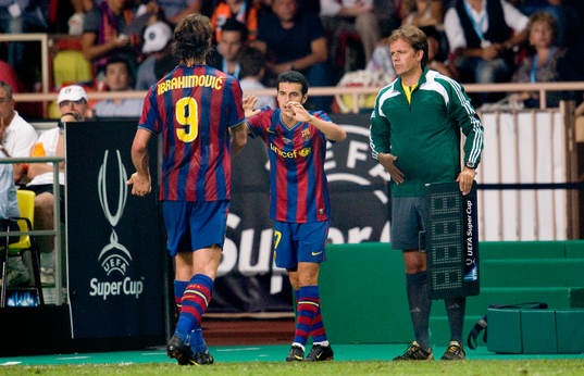 Zlatan Ibrahimovic, byts ut mot Pedro, Barcelona. Byte