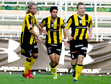Vinicius Lopes Souto, Häcken (i mitten) gjorde 2-2. Jubel