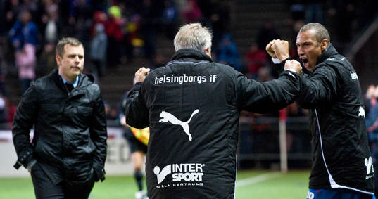Bo Nilsson, tränare och Henrik Larsson, glädje, jubel.